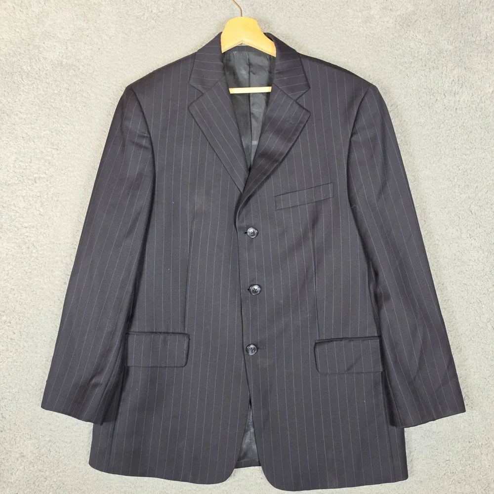 Savile Row Suit Men 40R W34 Navy Blue Two Pieces Pinstripe Pleated Cuffed Wool